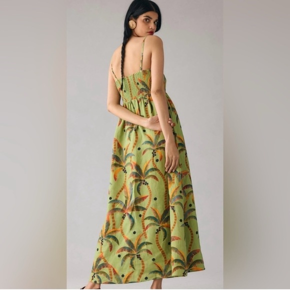 Farm Rio Anthropologie Tie-Front Linen Maxi Dress Green Motif Tropical Medium - Picture 2 of 11